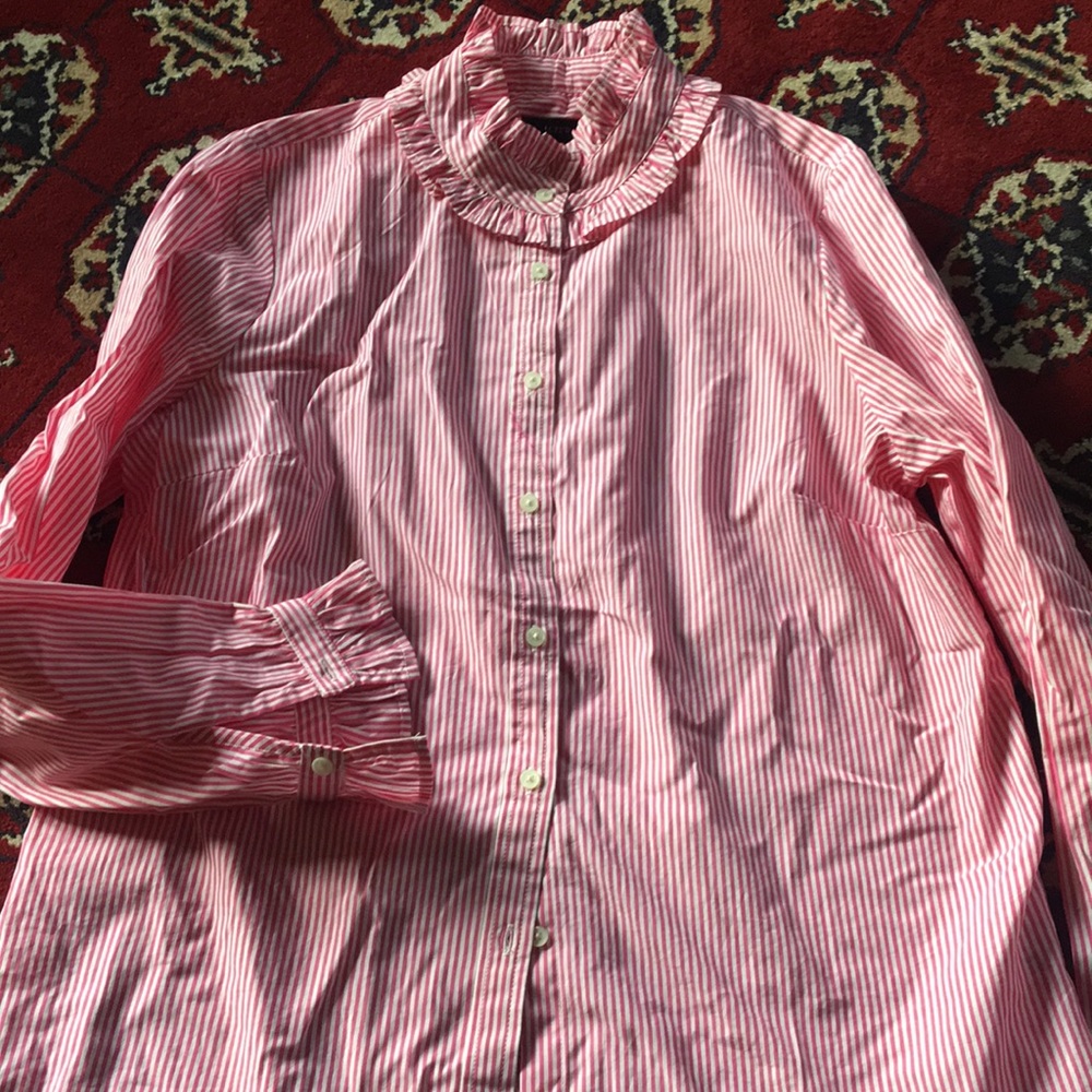 Pink and white striped ruffle blouse